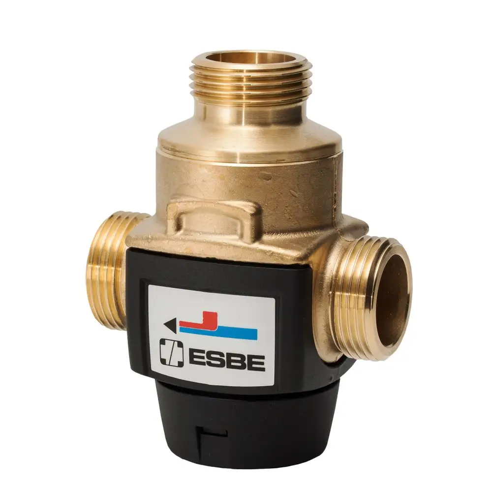Rundventil von ESBE mit zwei Anschlussgewinden. Das Produkt hat eine metallische Oberfläche und eine integrierte Funktionsanzeige. Ideal für Heizungs- oder Kühlsysteme.